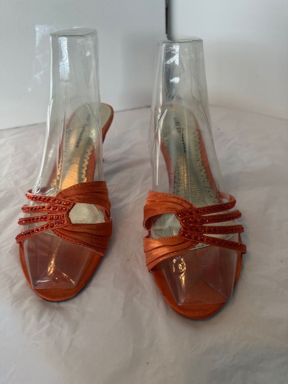 GIBI Collection Women's Orange Satin Slide Sandals with Embellished Straps Sz 36